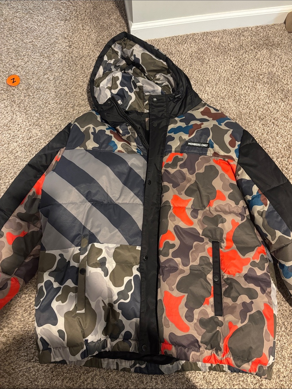 Members Only Multicolor Camouflage Puffer Jacket with Orange Accents